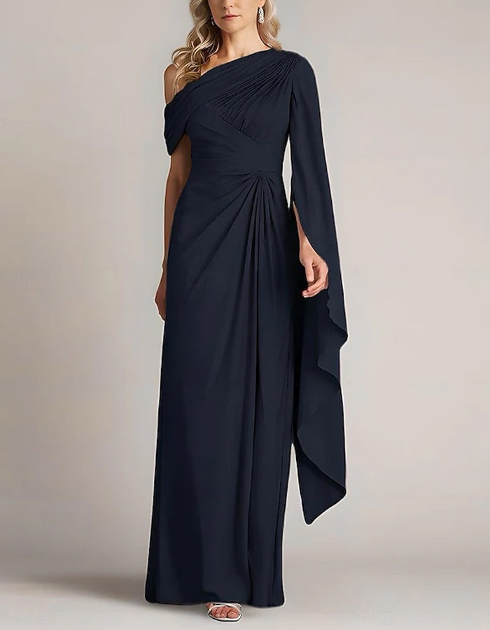 Solid Color One Shoulder Pleated Chiffon Cape Maxi Dress