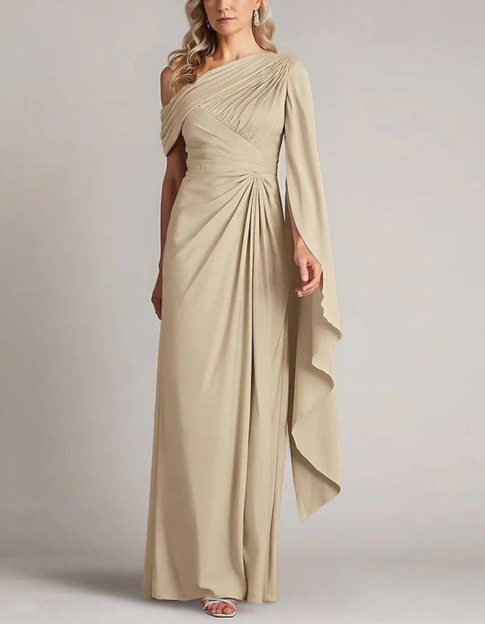Solid Color One Shoulder Pleated Chiffon Cape Maxi Dress