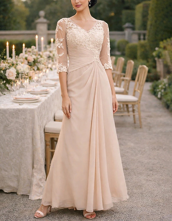 Nude Lace Trimmed Chiffon Maxi Dress