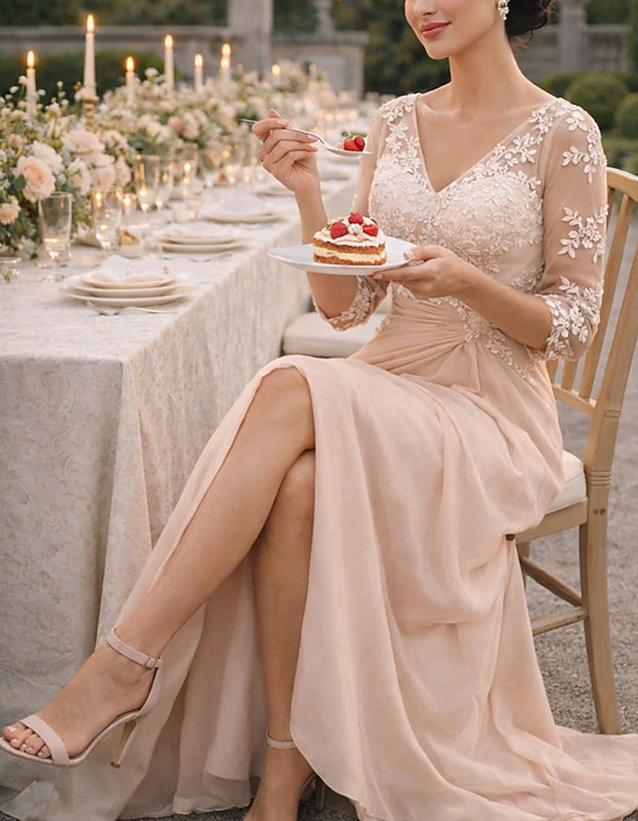 Nude Lace Trimmed Chiffon Maxi Dress