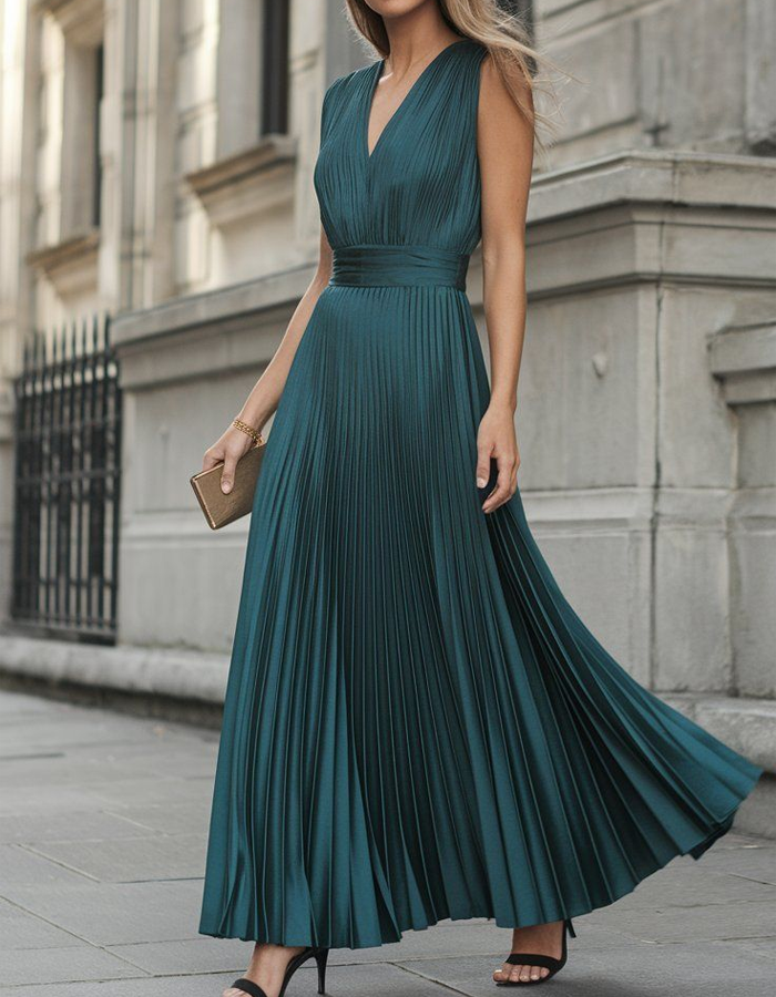 Vestido largo de satén plisado con cuello de pico pronunciado