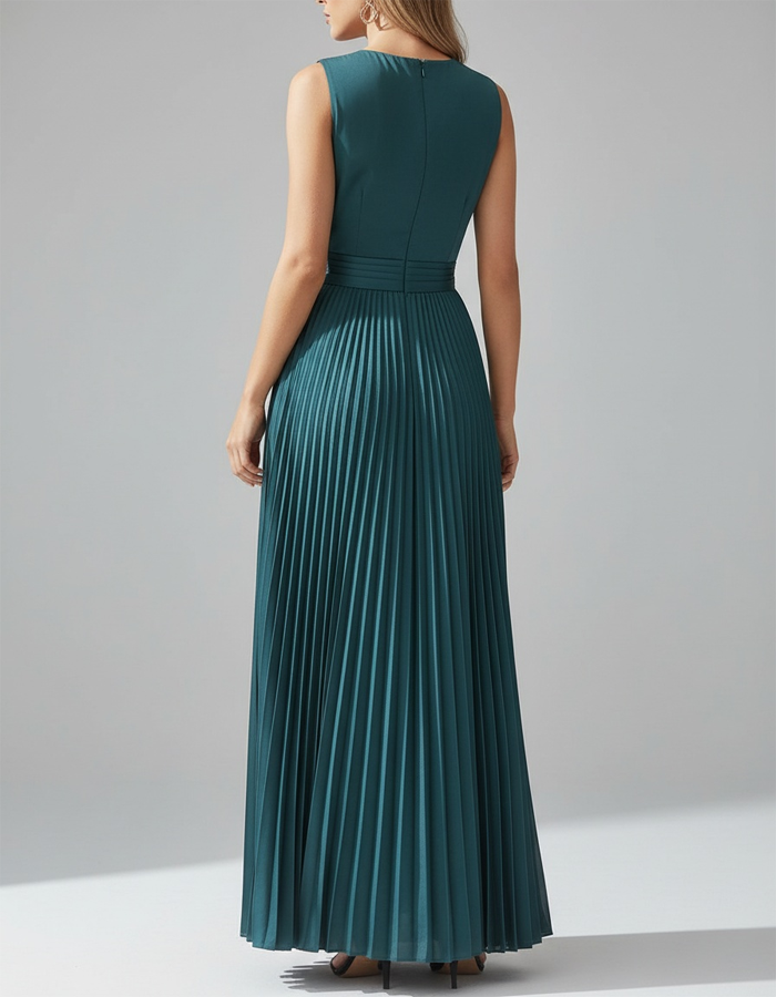 Deep V-neck Pleated Satin Maxi Dress
