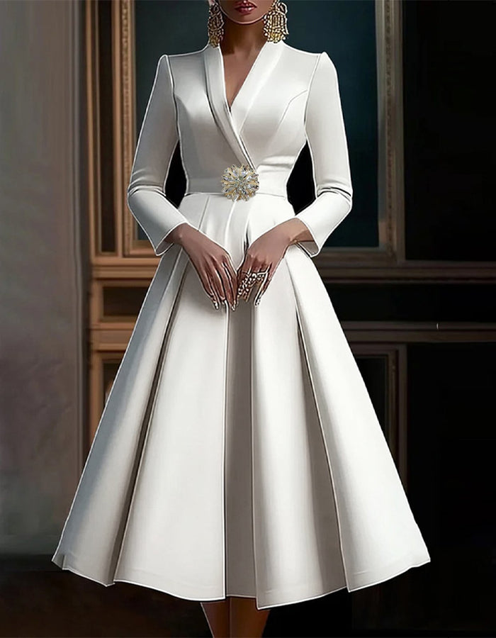 White Satin Cinched Waist And Full Midi Dress