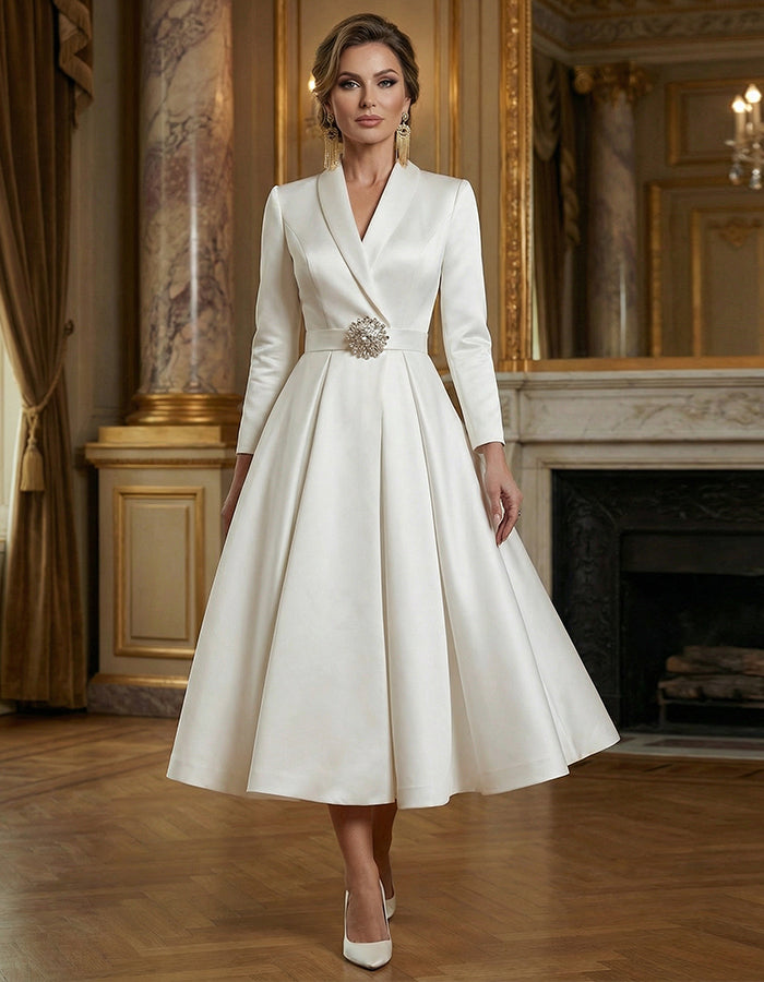 White Satin Cinched Waist And Full Midi Dress
