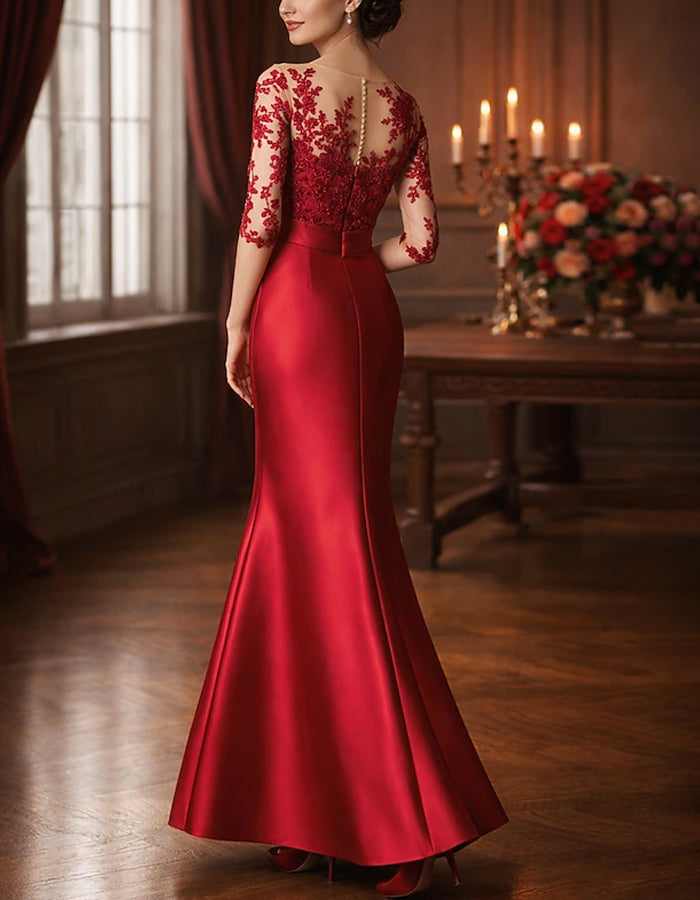 Solid Color Lace Patchwork Satin Fishtail Midi Dress