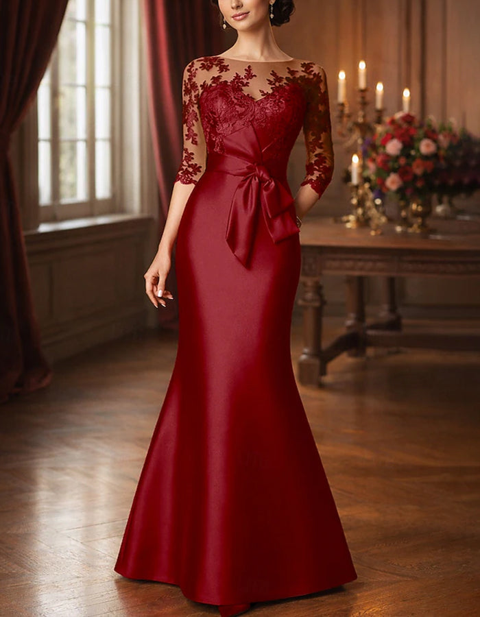 Solid Color Lace Patchwork Satin Fishtail Midi Dress