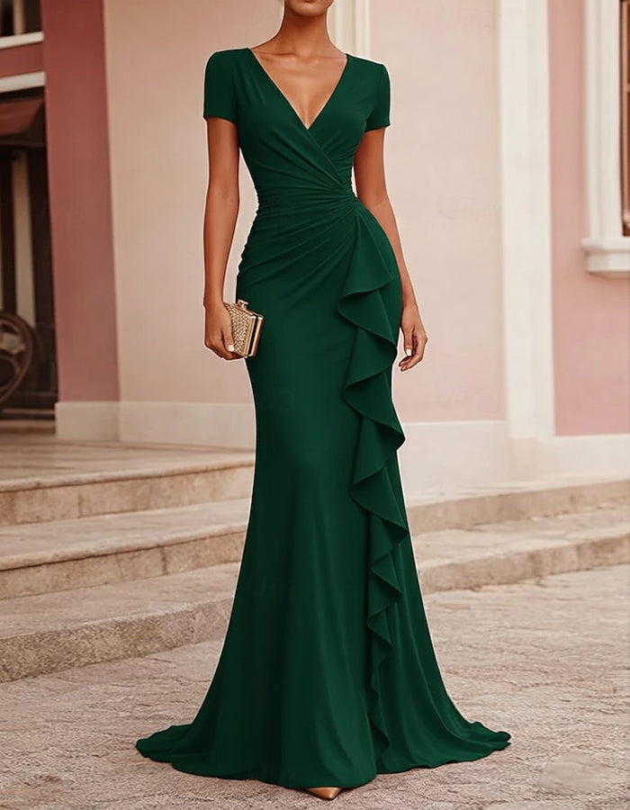 Solid Color Draped V-Neck Ruffled Fishtail Maxi Dress