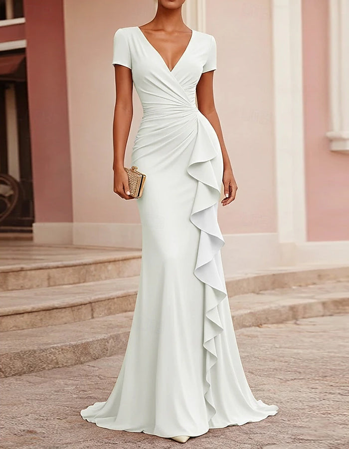 Solid Color Draped V-Neck Ruffled Fishtail Maxi Dress