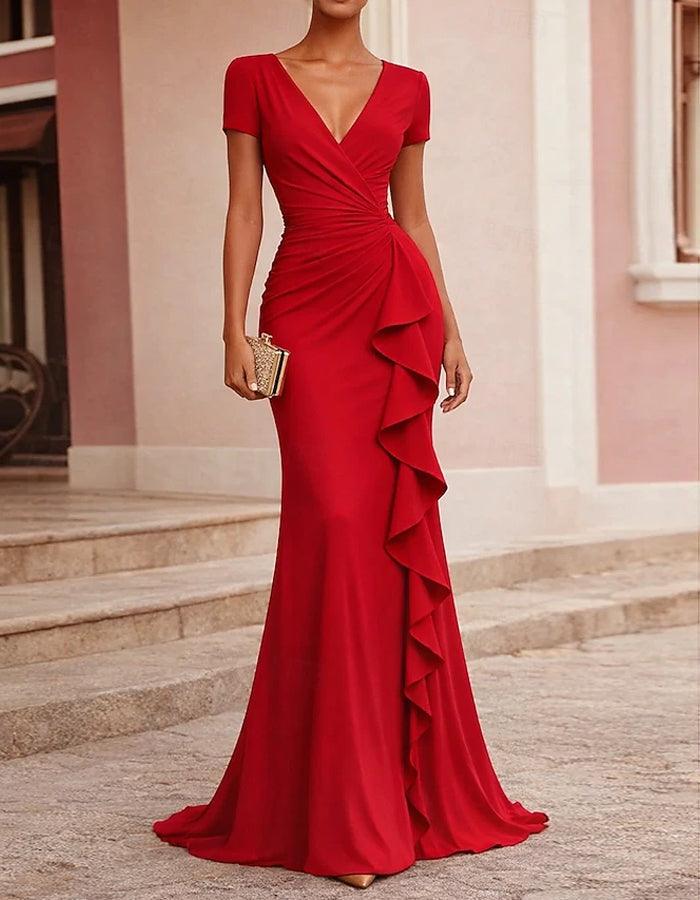 Solid Color Draped V-Neck Ruffled Fishtail Maxi Dress