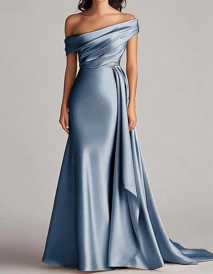 Solid Color Satin One Shoulder Draped Maxi Dress