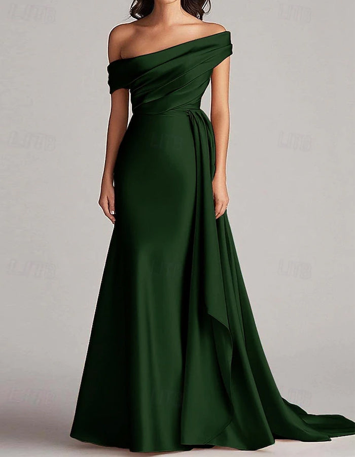 Solid Color Satin One Shoulder Draped Maxi Dress
