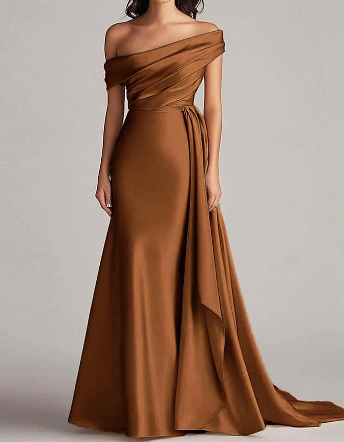 Solid Color Satin One Shoulder Draped Maxi Dress