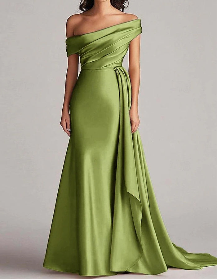 Solid Color Satin One Shoulder Draped Maxi Dress