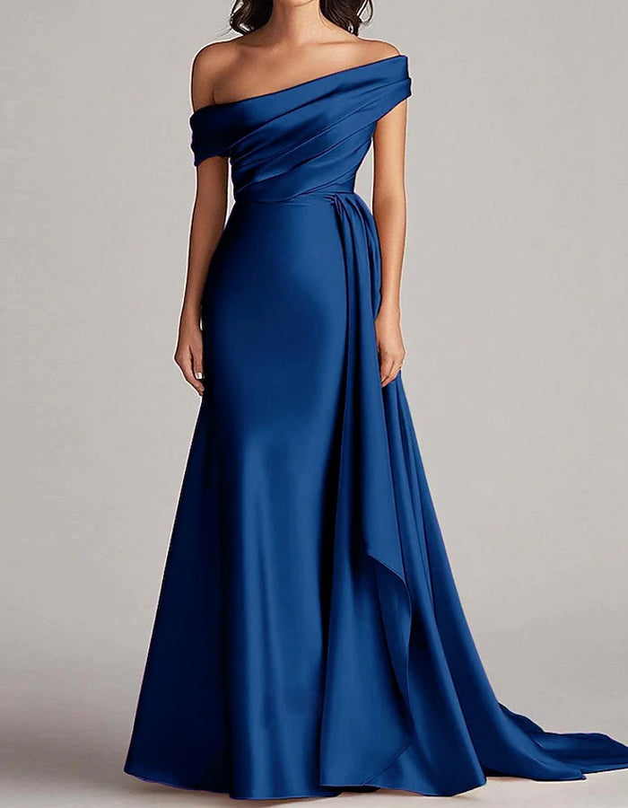 Solid Color Satin One Shoulder Draped Maxi Dress