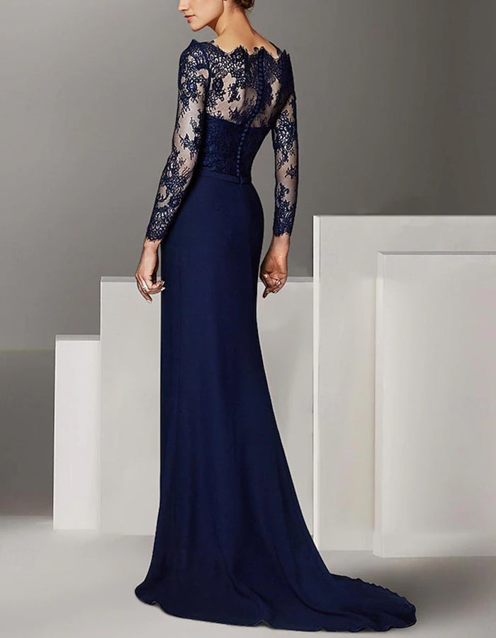 Navy Blue Lace Trimmed Satin Fishtail Maxi Dress