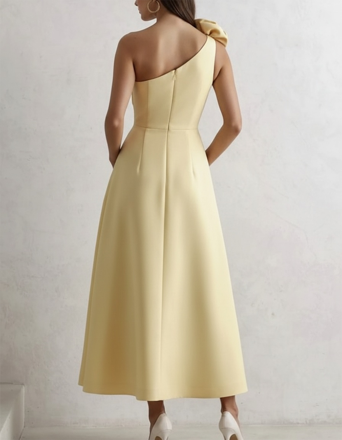 Solid Color One-Shoulder Satin Midi Dress