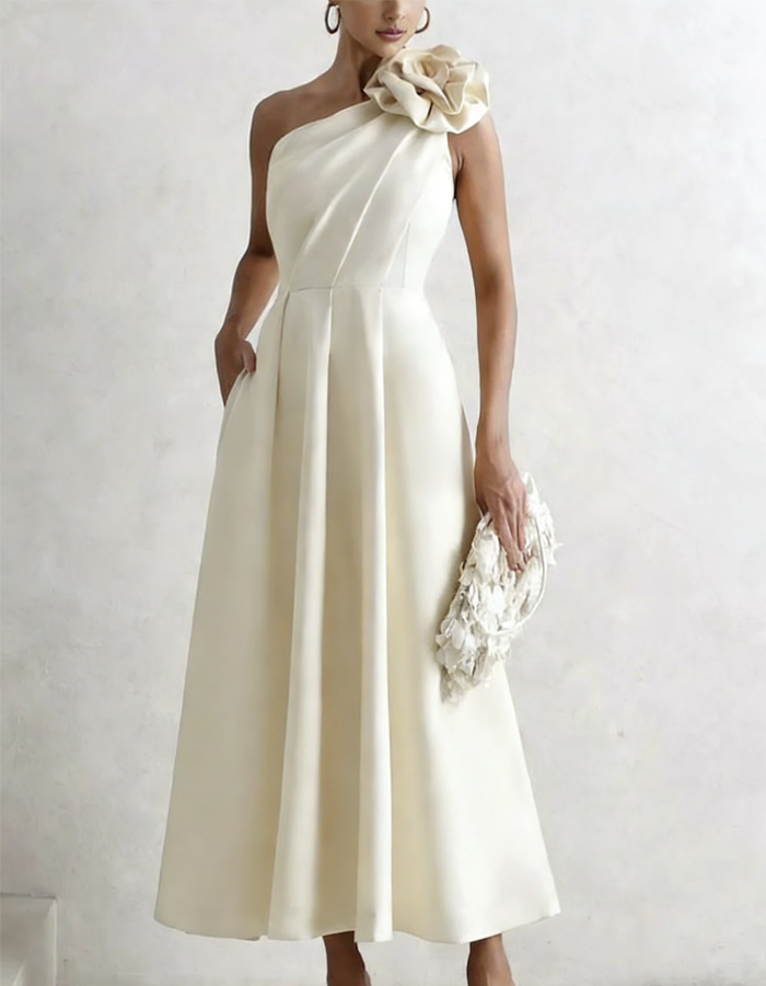 Solid Color One-Shoulder Satin Midi Dress