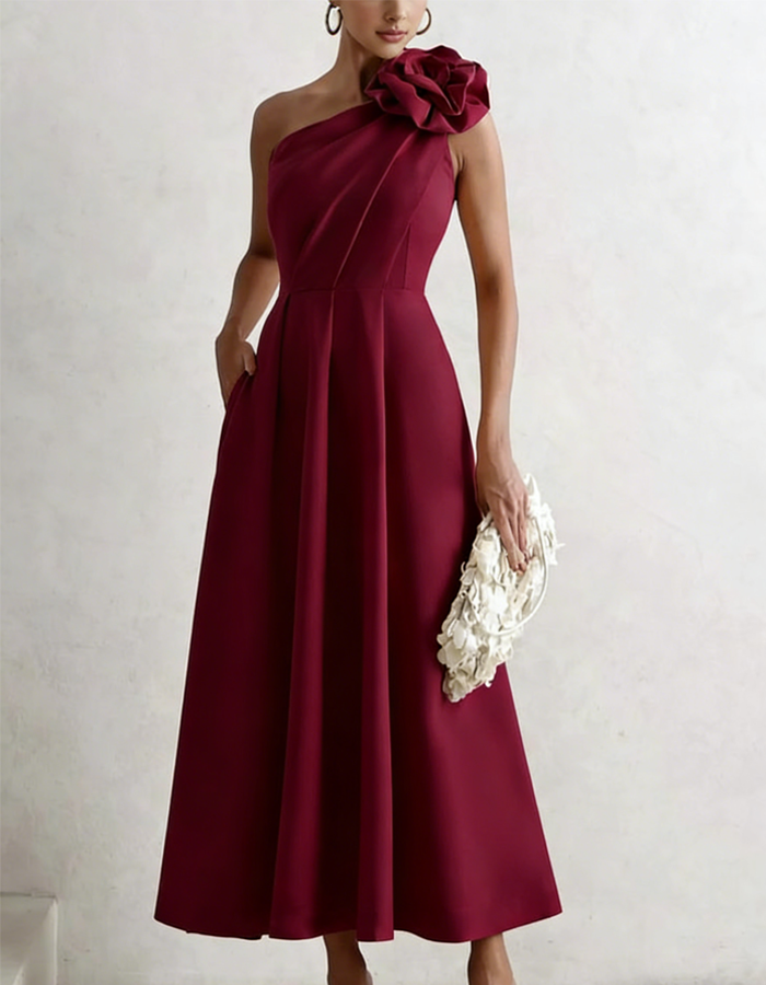 Vestido midi de satén de un hombro en color liso
