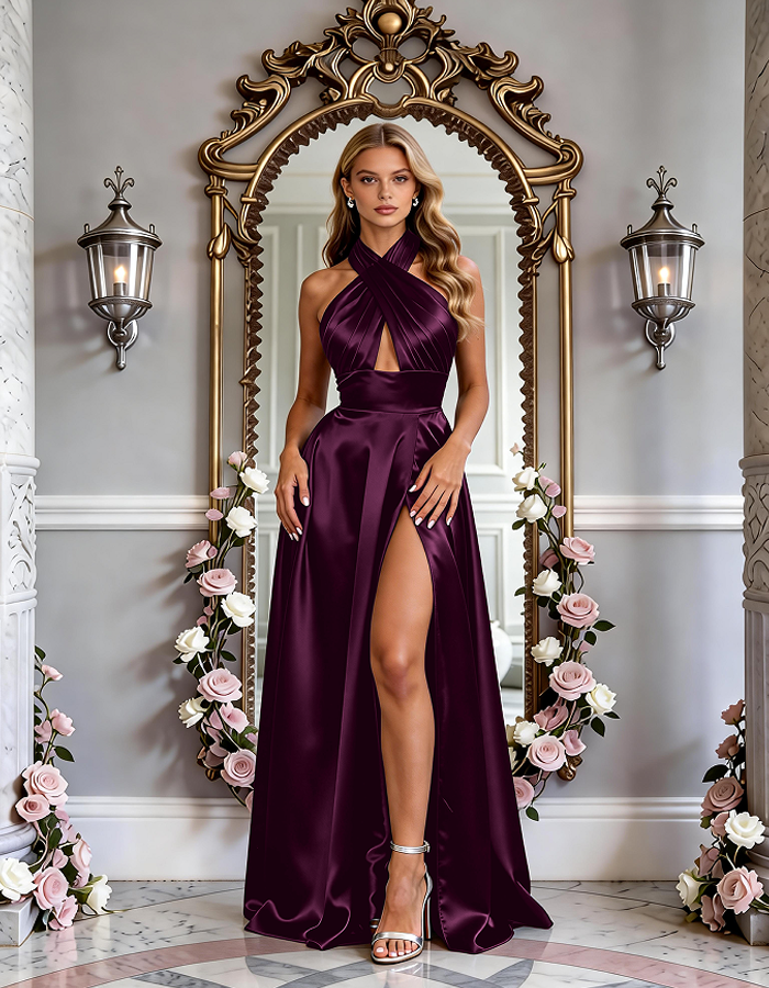 Vestido maxi de satén halter con cuello cruzado multicolor