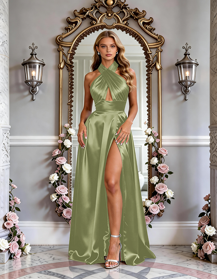 Vestido maxi de satén halter con cuello cruzado multicolor