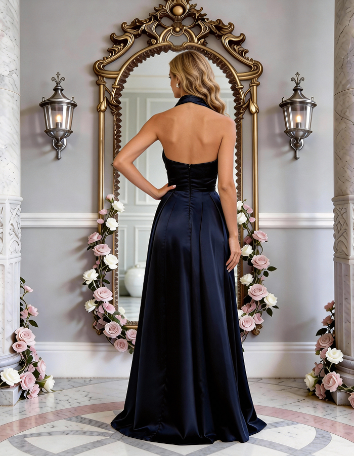 Multi-Colored Cross-Neck Halter Satin Maxi Dress