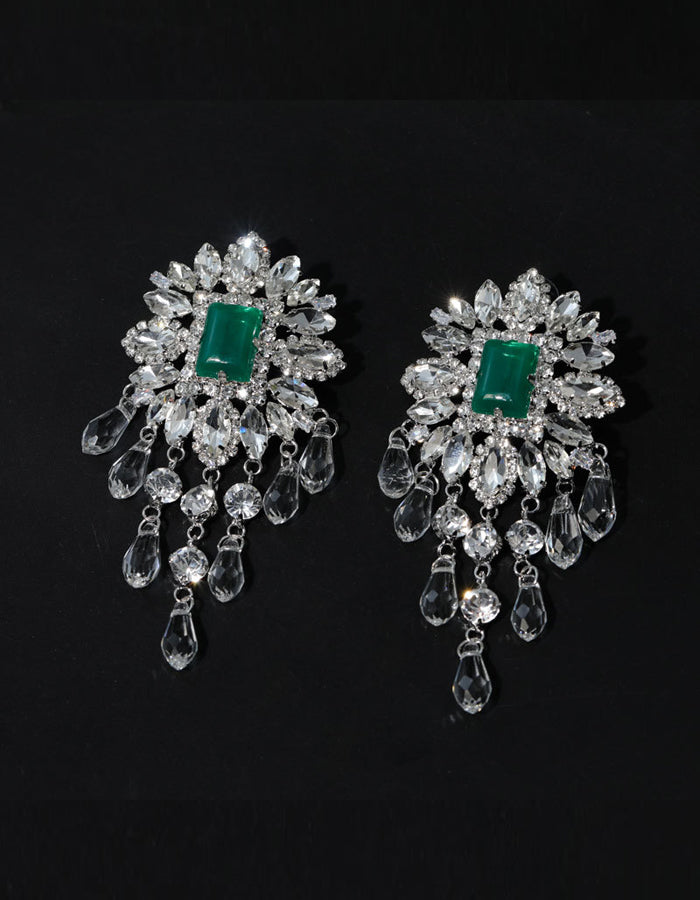 Rhinestone Flower Teardrop Tassel Earrings