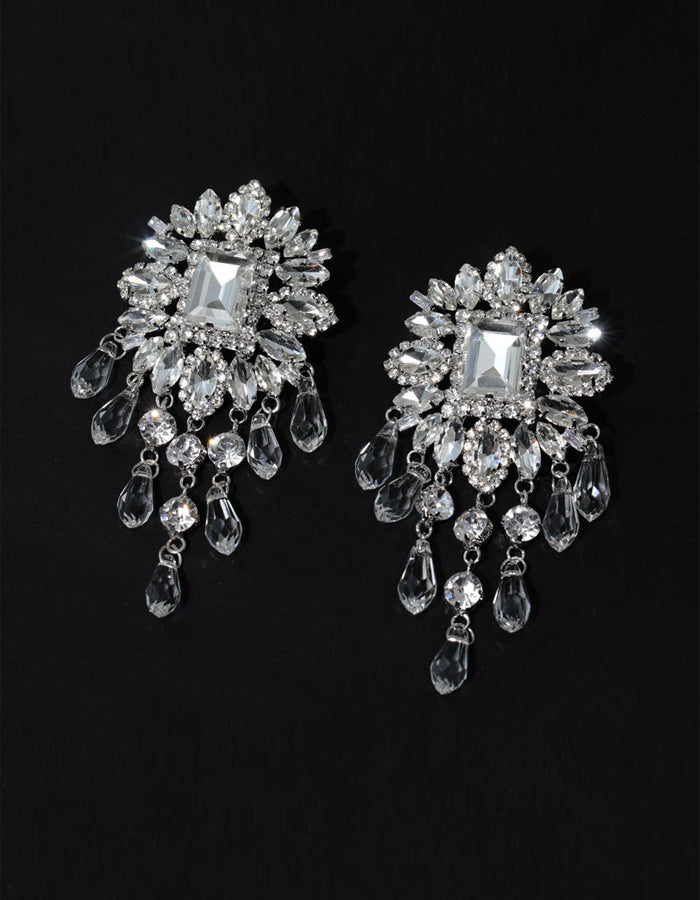 Rhinestone Flower Teardrop Tassel Earrings