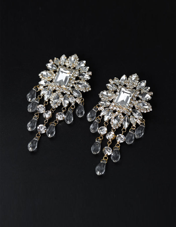 Rhinestone Flower Teardrop Tassel Earrings