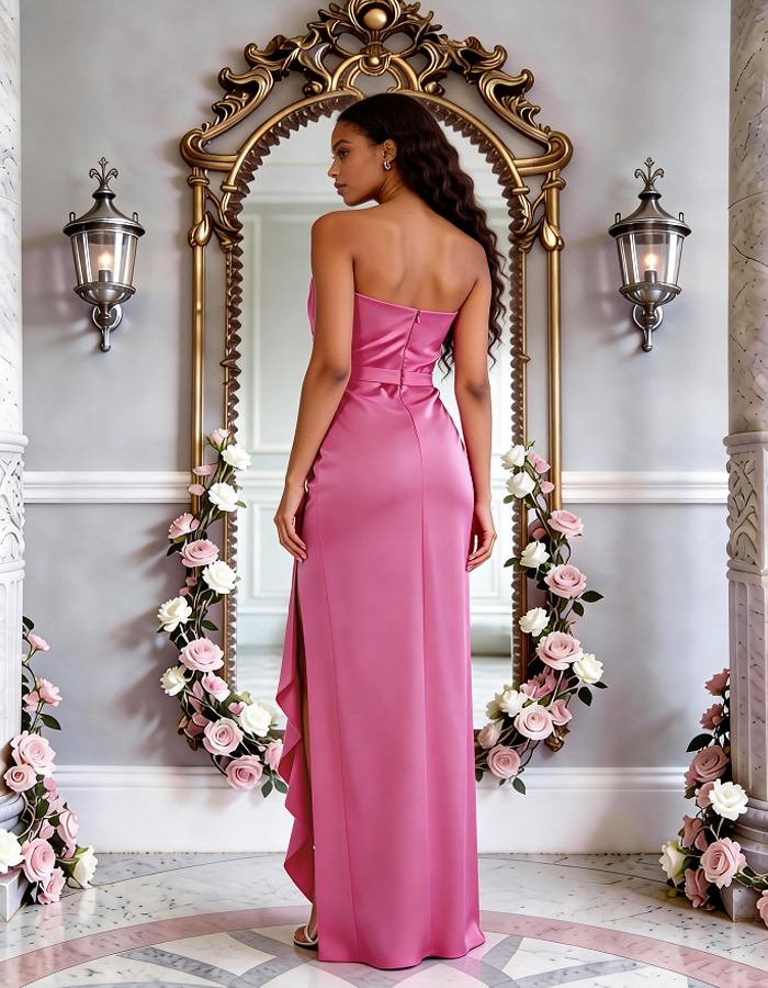 Multi-Colored Strapless Ruffled Satin Maxi Dress