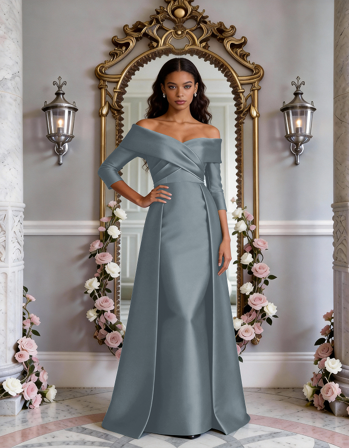 Vestido Maxi de Satén Envolvente con Hombros Descubiertos y Varios Tonos