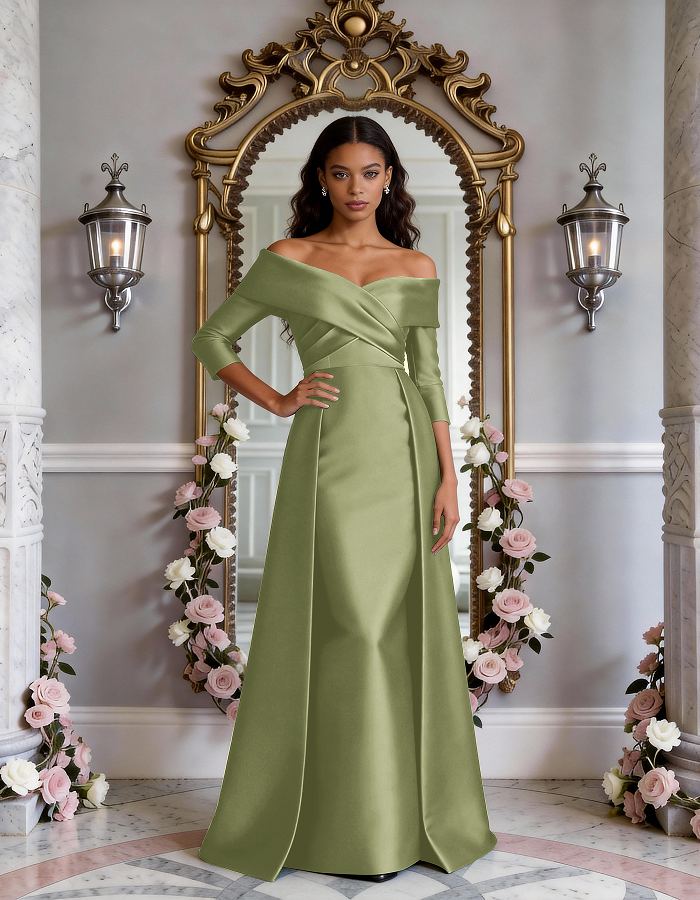 Vestido Maxi de Satén Envolvente con Hombros Descubiertos y Varios Tonos