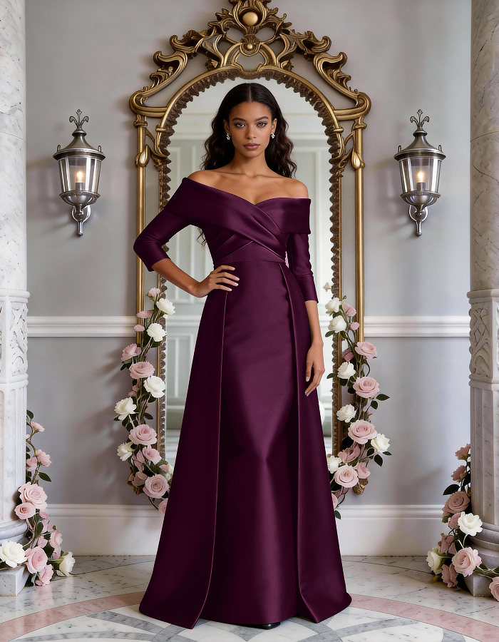 Vestido Maxi de Satén Envolvente con Hombros Descubiertos y Varios Tonos