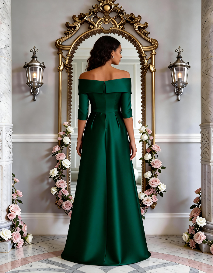 Multi-Tone Off-the-Shoulder Wrap Satin Maxi Dress