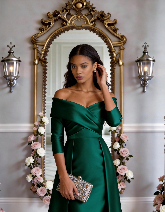 Multi-Tone Off-the-Shoulder Wrap Satin Maxi Dress
