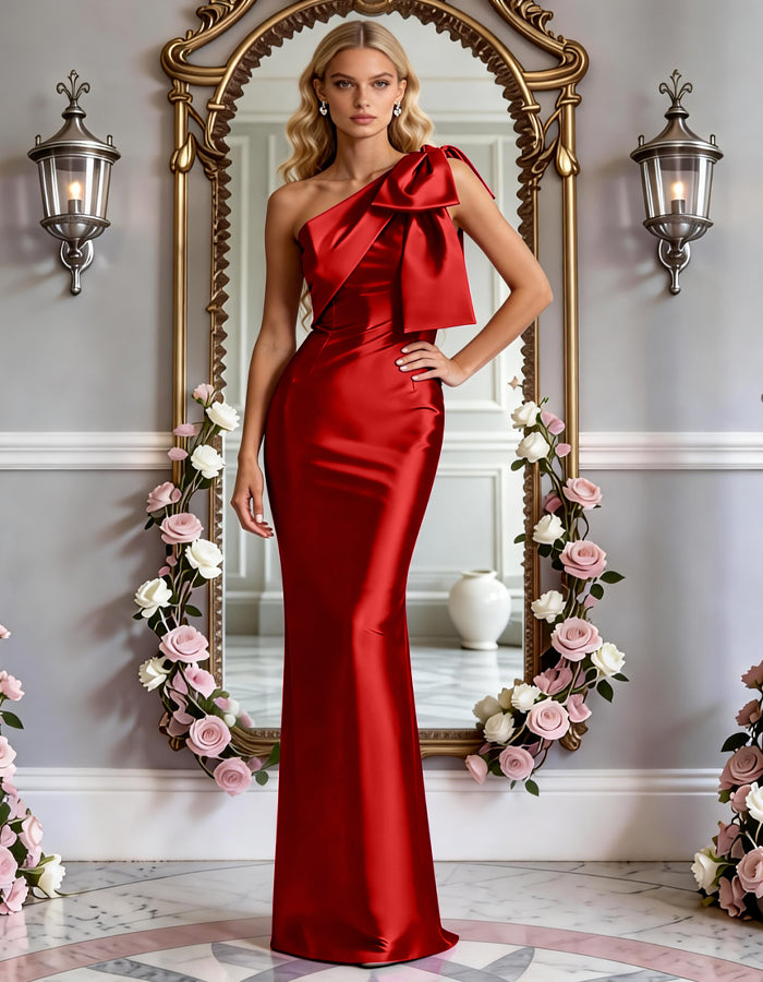Rose Red Satin One Shoulder Fishtail Bow Maxi Dress