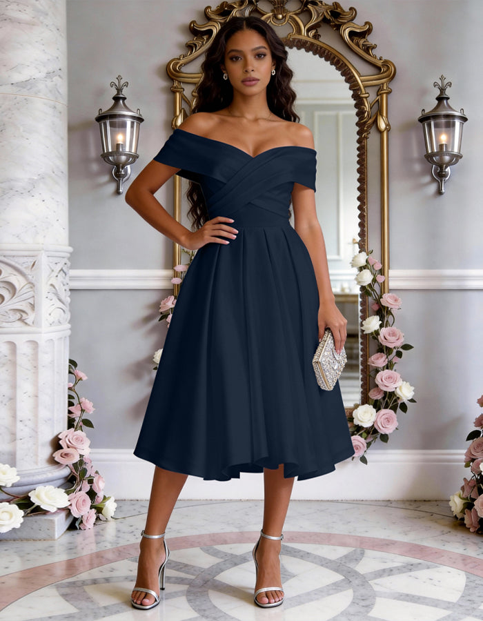 Solid Color Satin Off Shoulder Fitted Waist Full Midi Dress