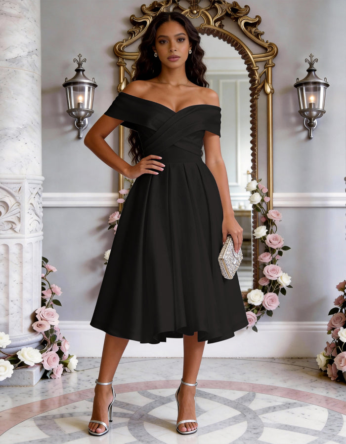 Solid Color Satin Off Shoulder Fitted Waist Full Midi Dress
