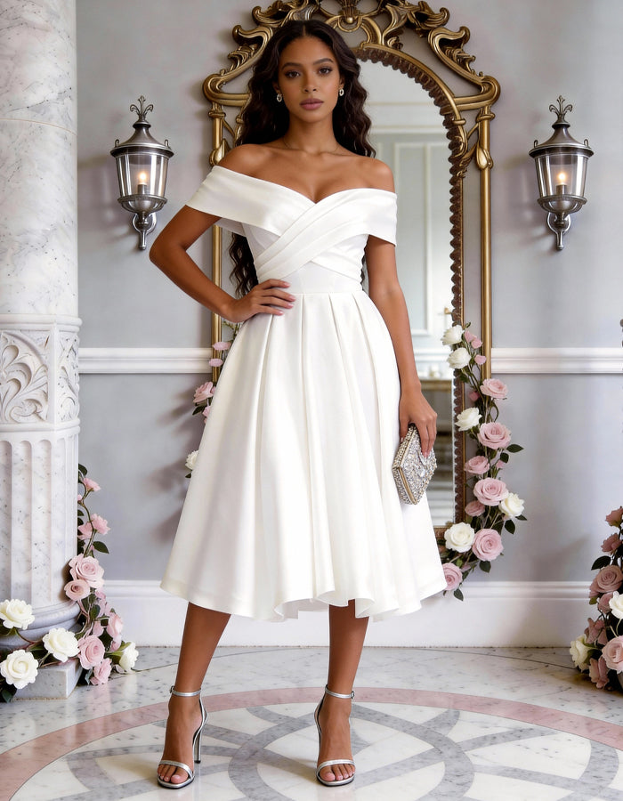 Solid Color Satin Off Shoulder Fitted Waist Full Midi Dress