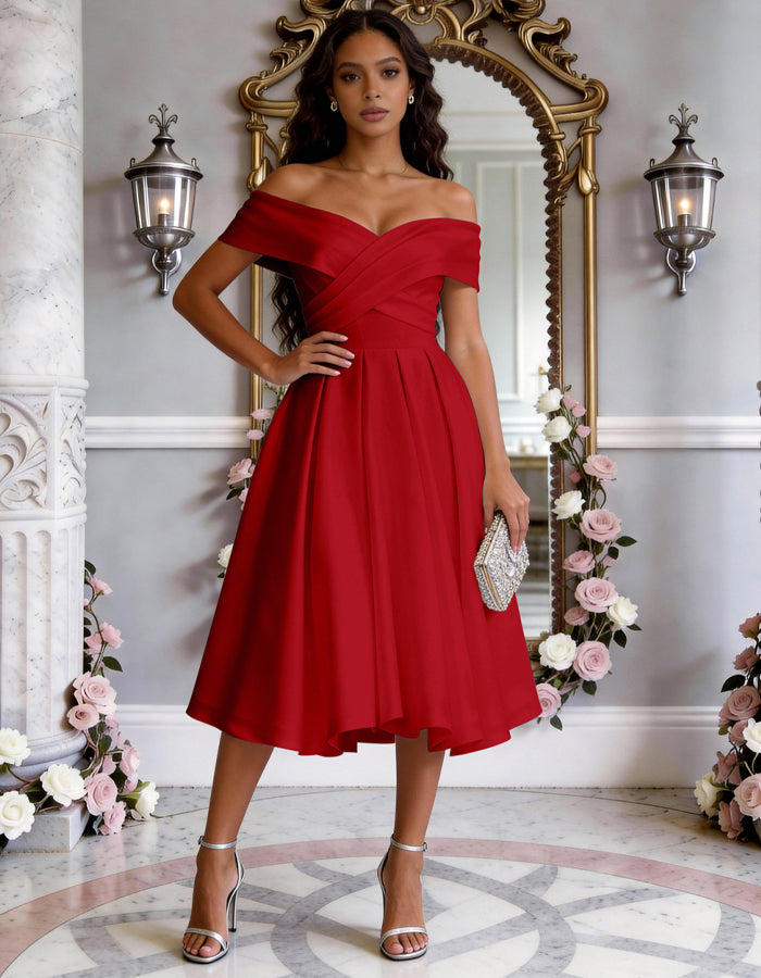 Solid Color Satin Off Shoulder Fitted Waist Full Midi Dress