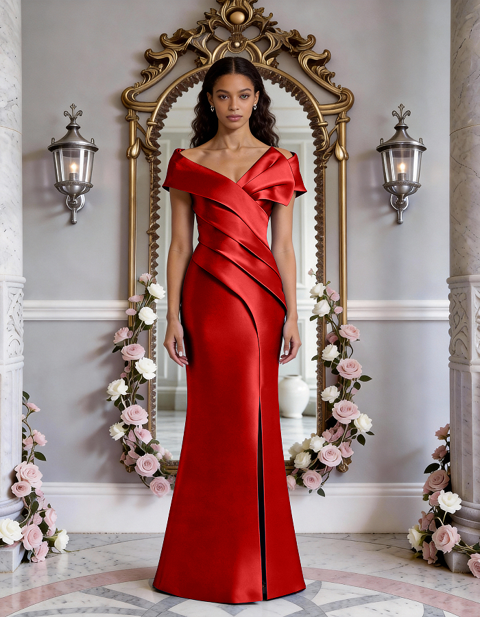 Multi-Tone Off-the-Shoulder Ruffled Satin Mermaid Maxi Dress