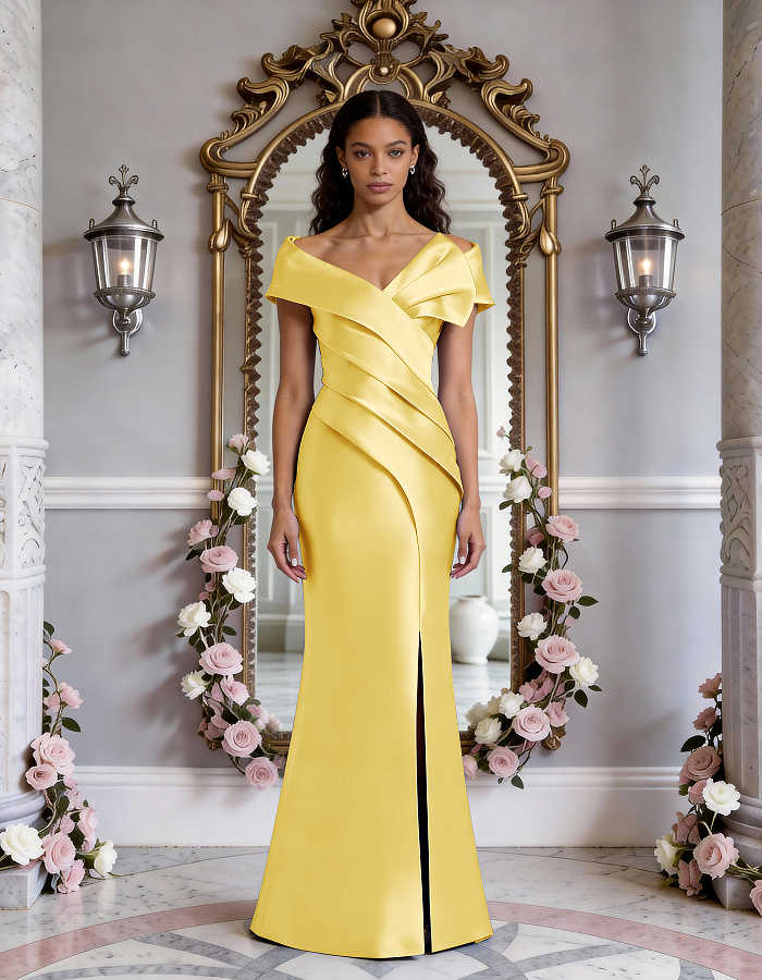 Multi-Tone Off-the-Shoulder Ruffled Satin Mermaid Maxi Dress