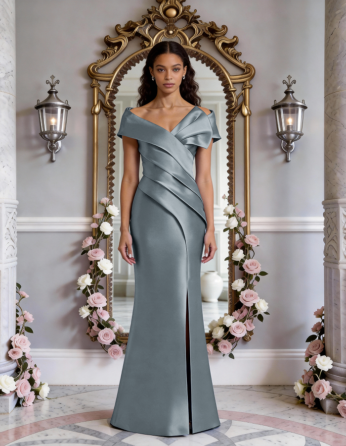 Multi-Tone Off-the-Shoulder Ruffled Satin Mermaid Maxi Dress