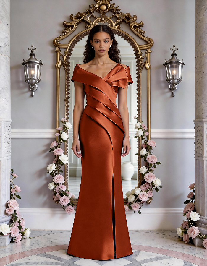 Multi-Tone Off-the-Shoulder Ruffled Satin Mermaid Maxi Dress