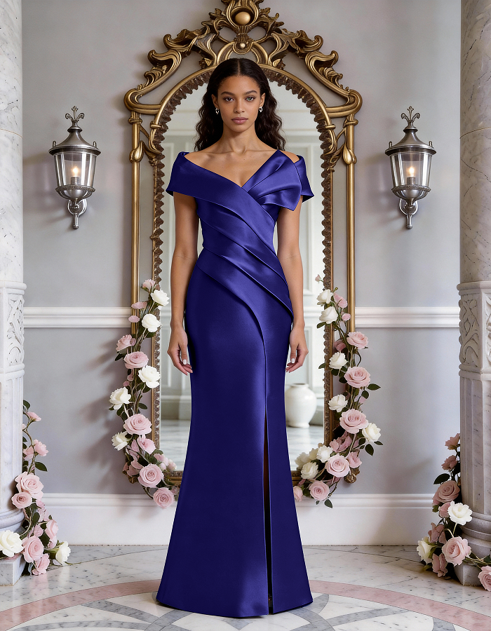 Multi-Tone Off-the-Shoulder Ruffled Satin Mermaid Maxi Dress