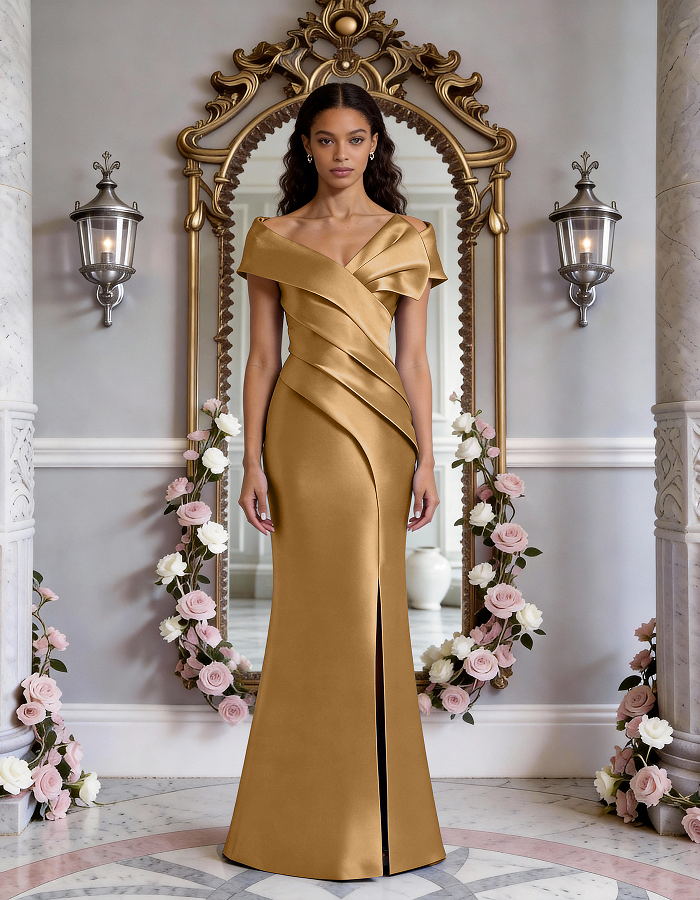 Multi-Tone Off-the-Shoulder Ruffled Satin Mermaid Maxi Dress