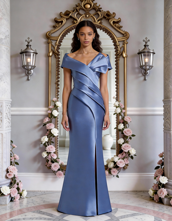 Multi-Tone Off-the-Shoulder Ruffled Satin Mermaid Maxi Dress