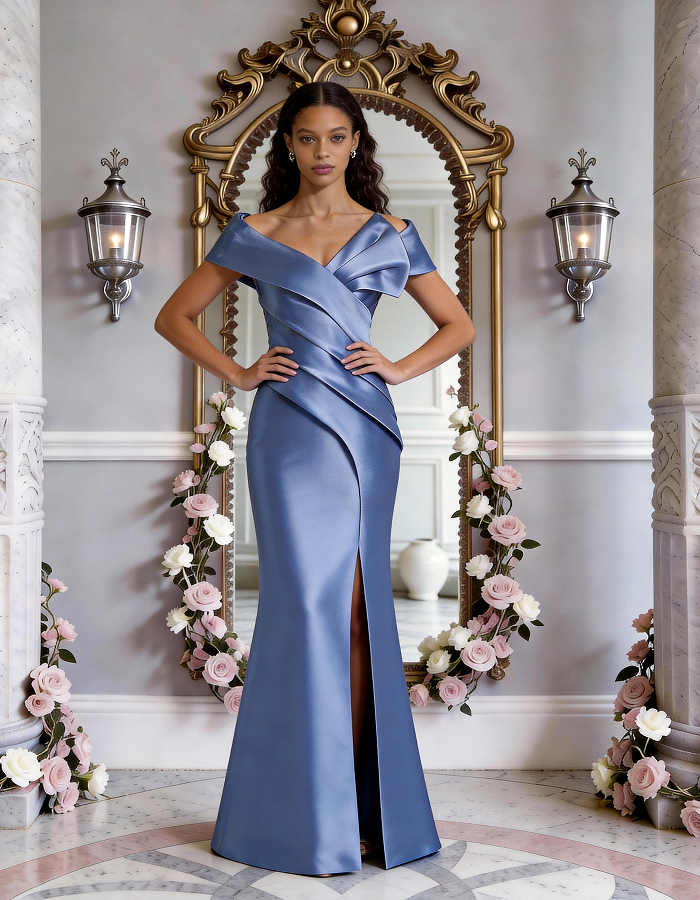 Multi-Tone Off-the-Shoulder Ruffled Satin Mermaid Maxi Dress