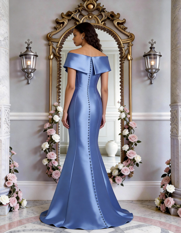 Multi-Tone Off-the-Shoulder Ruffled Satin Mermaid Maxi Dress
