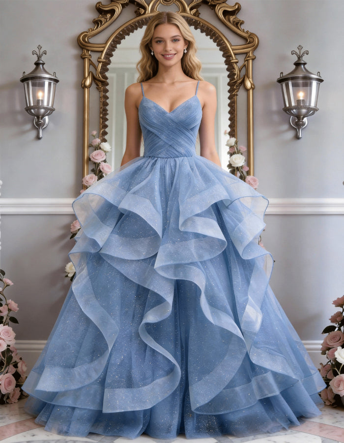Solid Color Glitter Ruffled Hem Maxi Dress