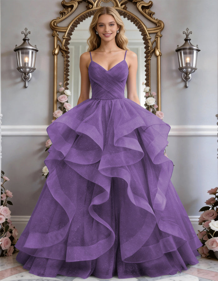 Solid Color Glitter Ruffled Hem Maxi Dress